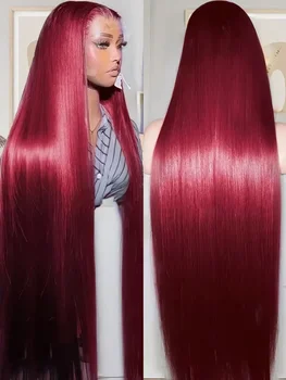 99j Bordeaux Kant Voor Menselijk Haar Pruik 40 Inch 13x6 Rechte Kant Frontale Pruiken HD Transparant Kant Gekleurde Rode Pruik Voor Vrouwen