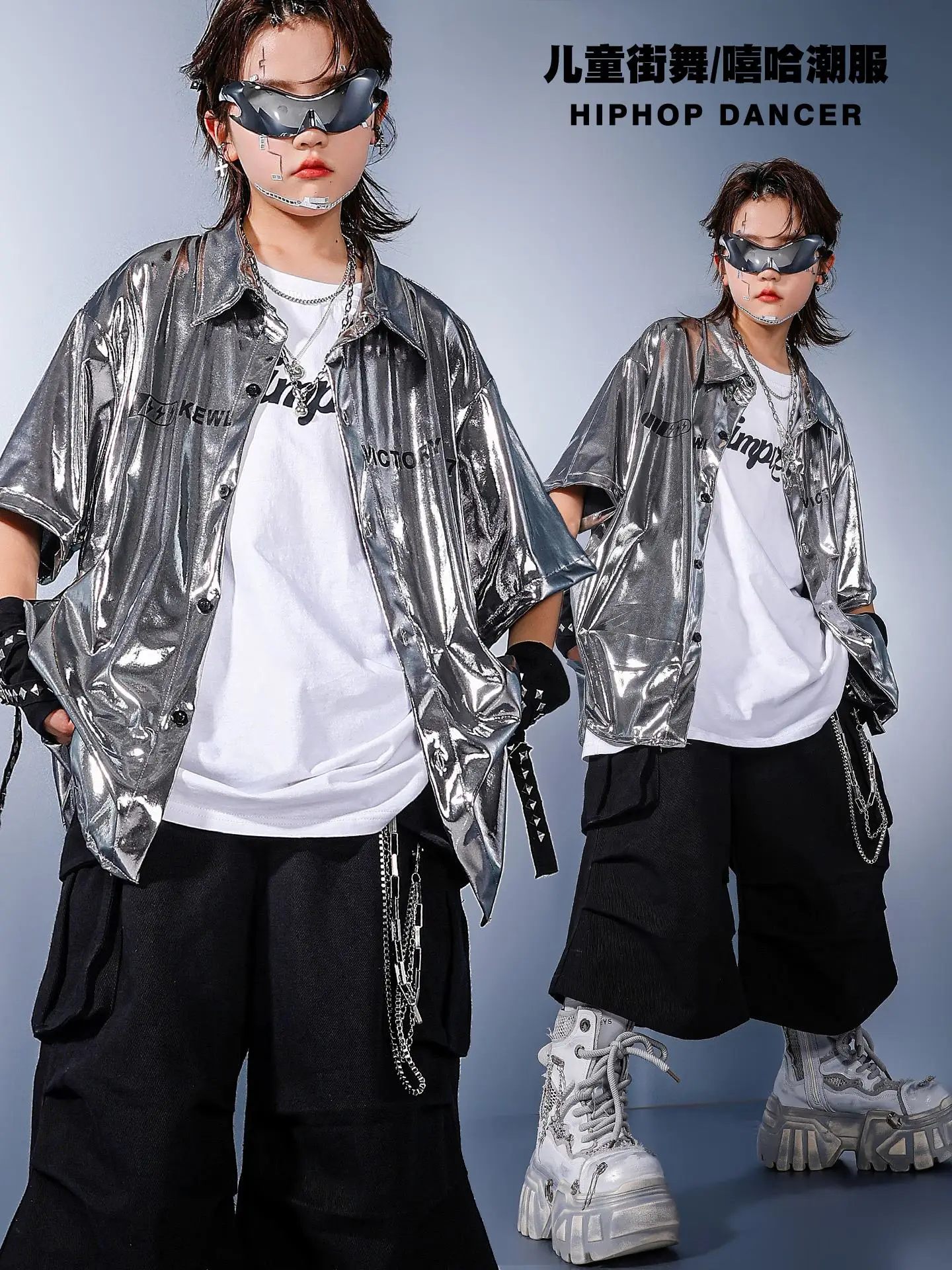 

2025 Boys Clothes Hip Hop Jazz Dance Costumes Kid Loose Silver Shirt Cargo Shorts Practice Street Dance Wear Clothing DQL11179
