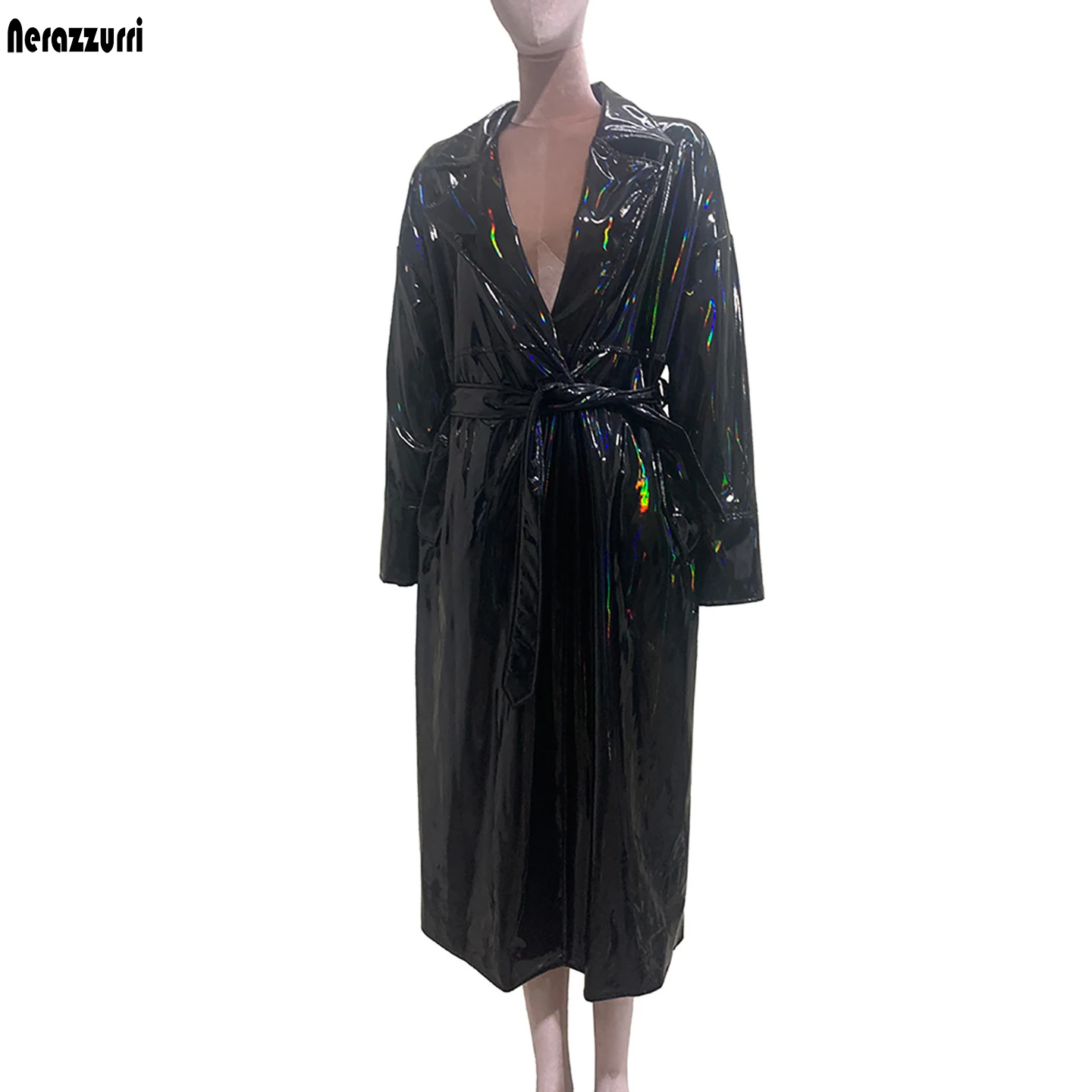 Nerazzurri Autumn Long Soft Shiny Reflective Holographic Black Leather Trench Coat for Women Luxury Designer Clothes Streetwear
