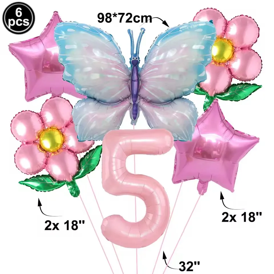 Pink Number Balloon Butterfly Balloon Set Butterfly Balloons Foil 32inch 1st-9th Number Birthday Decor for Girl Baby Shower
