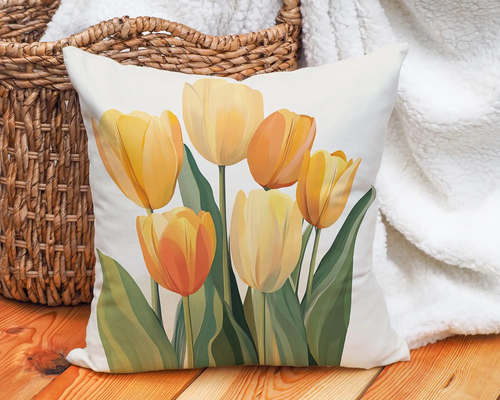 1PC  Yellow Tulip Throw Pillow Cover, Spring Floral Cushion Case for Living Room Sofa Bedroom Decor (Pillow Not Included)
