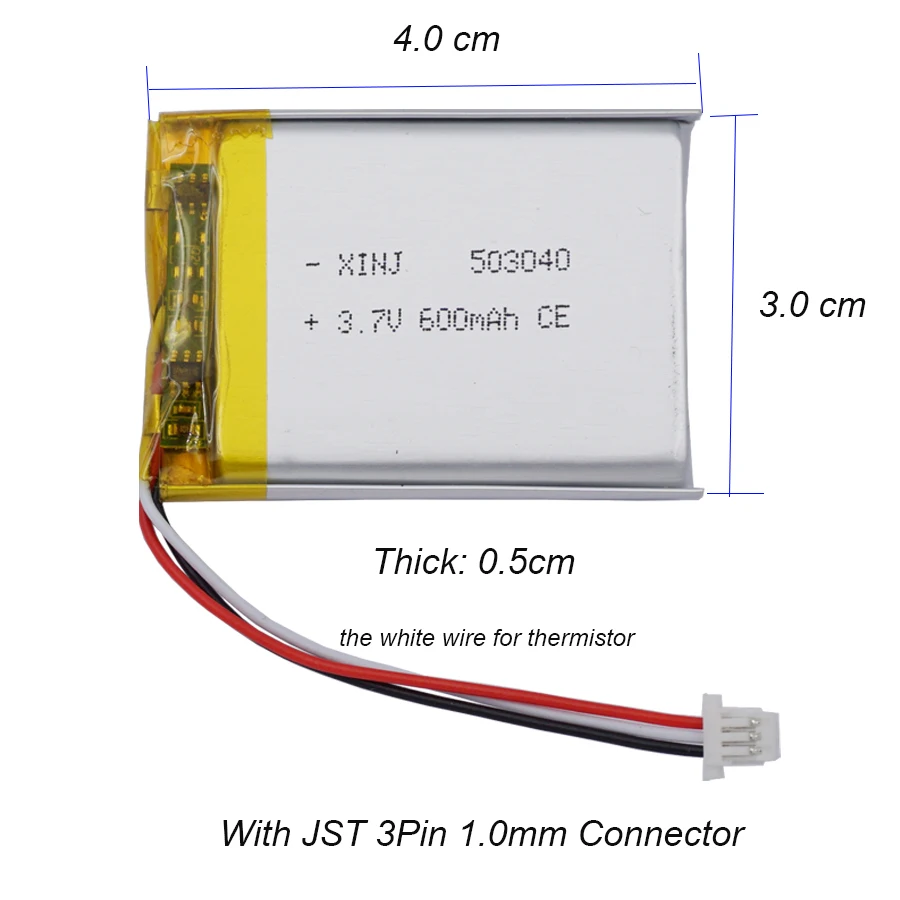 3.7V 600mAh 2.22Wh JST 3Pin 1.0mm NTC Thermistor Li-Polymer Replacement Li Lipo Rechargeable Battery 503040 For GPS Camera LED