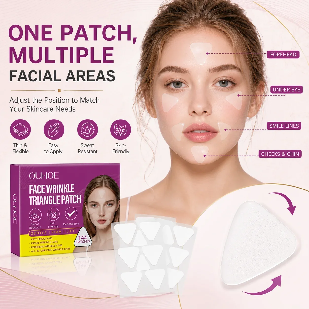 144Pcs Face Wrinkle Triangle Patches Anti Aging Facial Stickers Forehead Smile Line Care Hydrating Skin Patch for Women Home Use