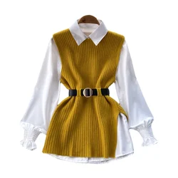 Luxury Ladies Dress Set Women's Loose Long-sleeved White Shirt Top + Slit Knitted Vest Vest Two-piece Set