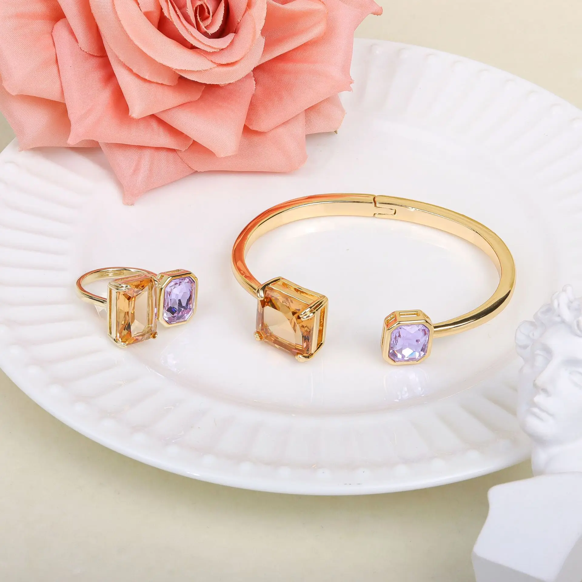 

Minimalist Geometric Temperament Bracelet & Ring Set, Colorful Stackable Daily Commute Jewelry for Women