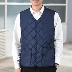 Winter Warm Vest Men's V-neck Down Padding Vest with Button Closure Cold-proof Sleeveless Jacket Autumn Winter Solid Color