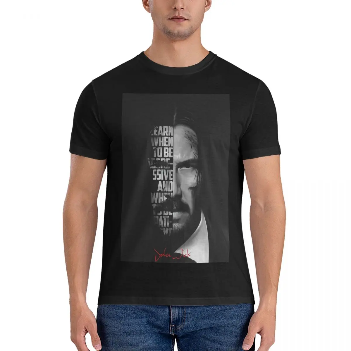 Men Black And White T Shirt J-John Wick 100% Cotton Tops Creative Short Sleeve Round Neck Tees Summer T-Shirt