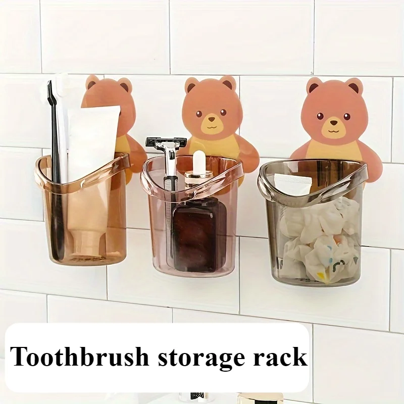 2pcs Cute Bear Pattern Wall Mounted Toothbrush Storage Rack Bathroom Multifunctional Toothbrush Container Bathroom Accessories