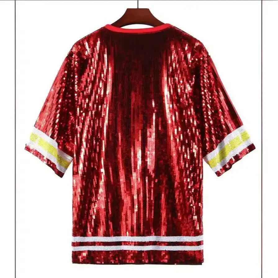 #0209 Red Hip Hop T Shirt Women Loose Letters Cartoon Split Joint Short Sleeve Shinny Sequins T Shirt Streetwear Baseball Tshirt