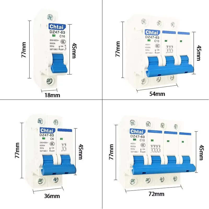 AC MCB C tipo 230/400V 50HZ/60HZ Mini disyuntor 1P 2P 3P 4P 32A 63A Protector de sobrecarga montaje en carril Din capacidad de ruptura