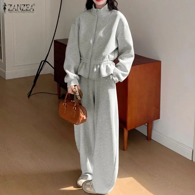 

ZANZEA Минималистичные женские брючные костюмы, повседневная толстовка с воротником-стойкой и длинными рукавами на талии и спортивные штаны, комплекты из 2 предметов, наряды