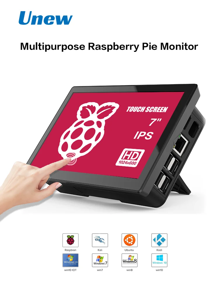 7-calowy ekran dotykowy IPS z interfejsem HDMI, przeznaczony do Raspberry Pi 3, 4, 5 i Banana Pi, z możliwością montażu na ramie VESA, przemysłowy monitor typu C do laptopów i komputerów PC. — zdjęcie produktu 7