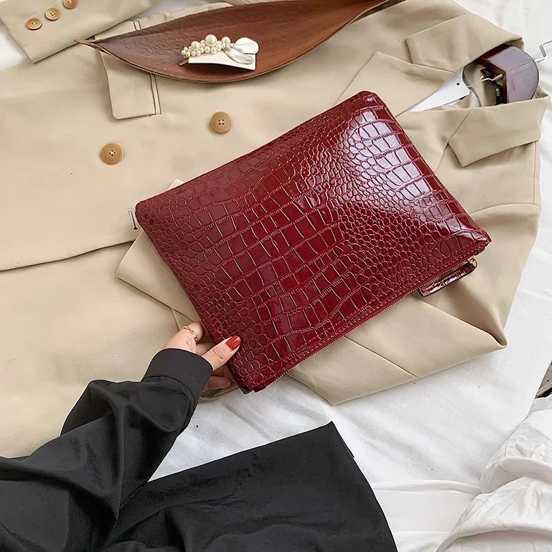 Women Crocodile Pattern Clutch Bag Pochette Female Casual Solid Color Zipper Envelope Square Shoulder Bag Ladies Handbags