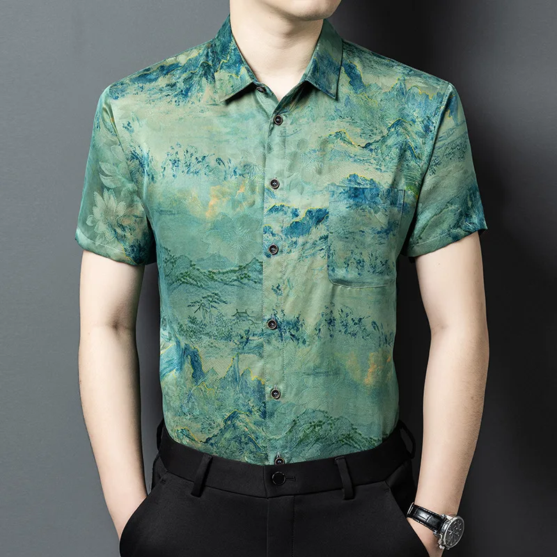 Men's mulberry silk short-sleeved shirt summer new business casual breathable jacquard non-iron trendy men's shirt