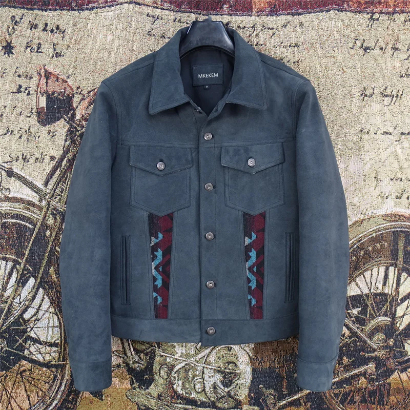 

Navajo Totem Wool Patched Lapel Slim Fit Denim Sle ey Blue Top Layer Fawn Leather Real Leather Jaet Men Faionable Urb...