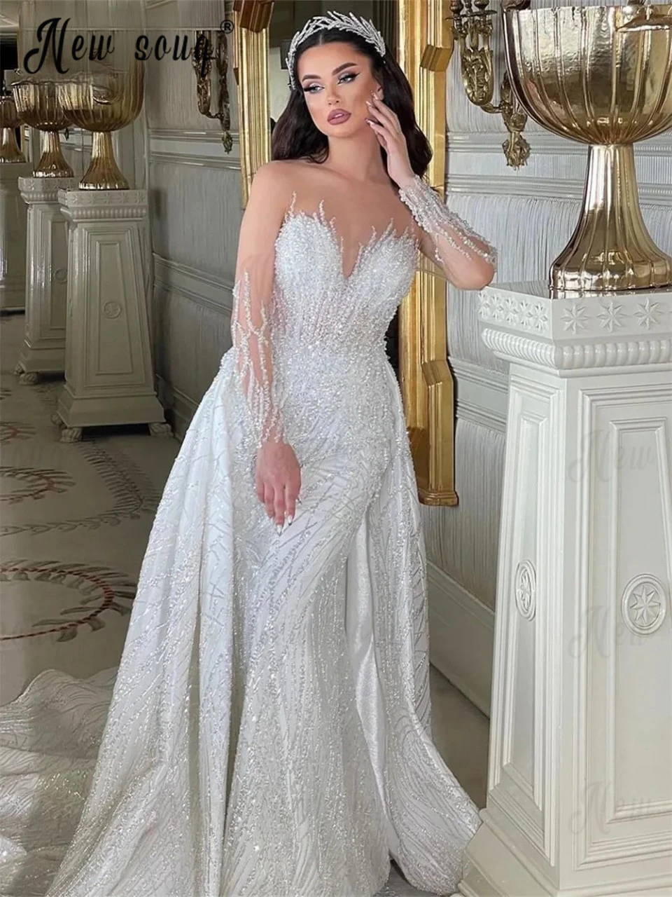 

Luxury Beaded Wedding Dress With Overskirt Dubai 2 In 1 Bridal Gowns Nude Sheer Neckline Wedding Ceremony Dress Vestido De Noiva