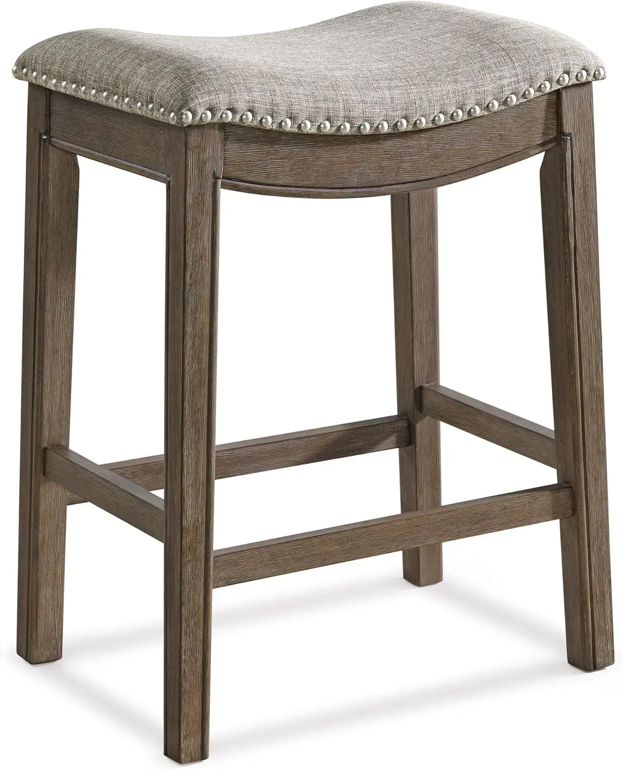 

Parker 26 Inch Counter Stool, Backless Saddle Kitchen Barstool in Walnut Finish with Grey Fabric Upholstery Cushion Sea