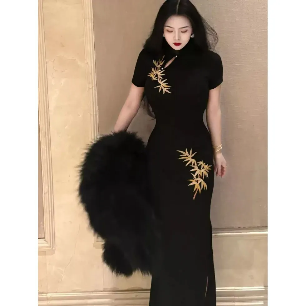 

Summer High Grade Cheongsams Traditional Chinese Style Bamboo Embroidered Qipao Elastic Blazer Dress Short Sleeve CH-066