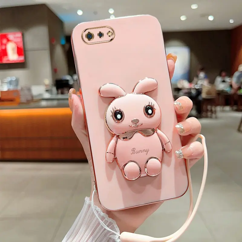 Phone Case For Oppo Realme C2 Luxury Plating Square Rabbit Holder With Landyard Case Cover