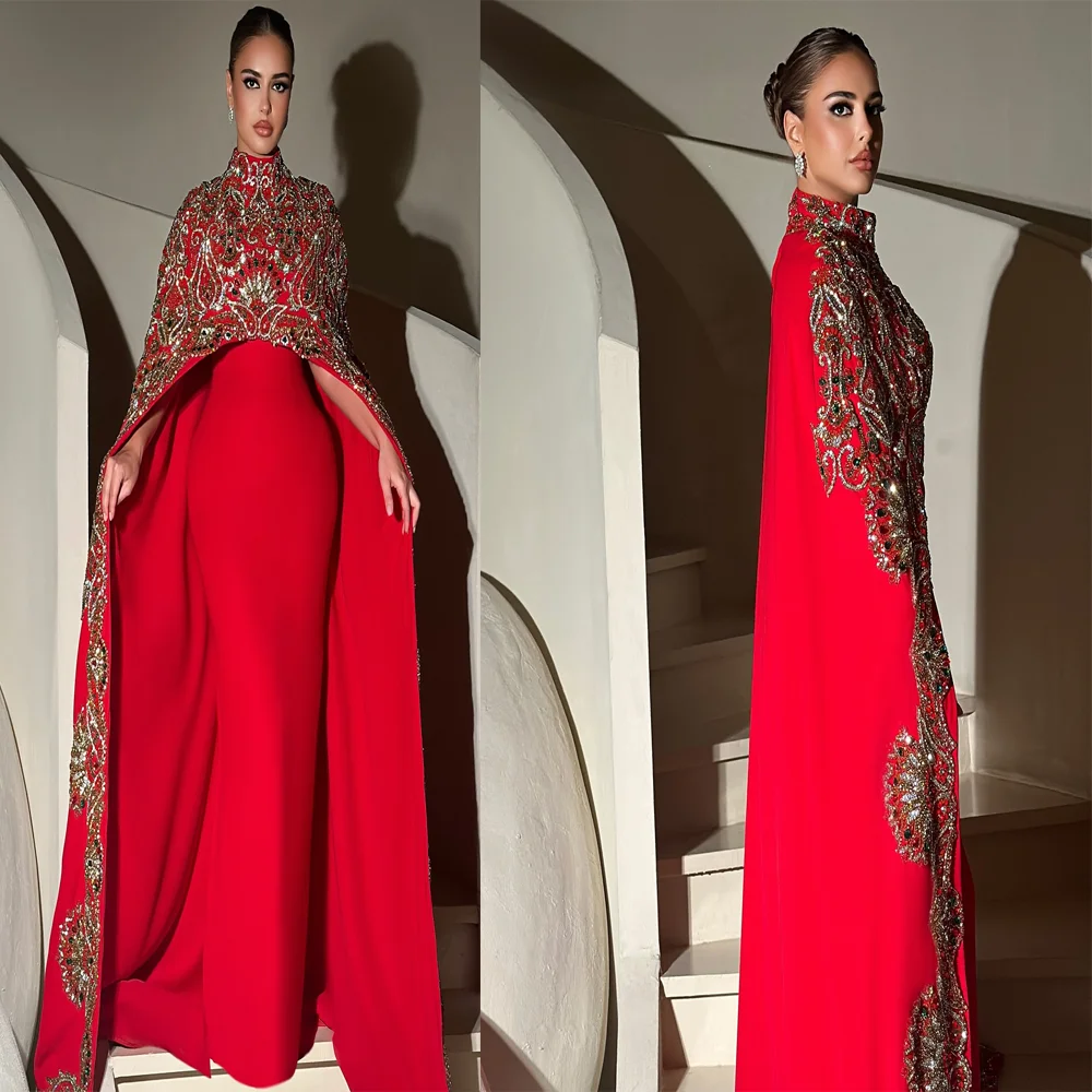

Saudi Arab High Neck Satin Evening Dress Long Court Beaded Sheath Mother of the Bride Dresses with Cape Customized فساتين سهرات