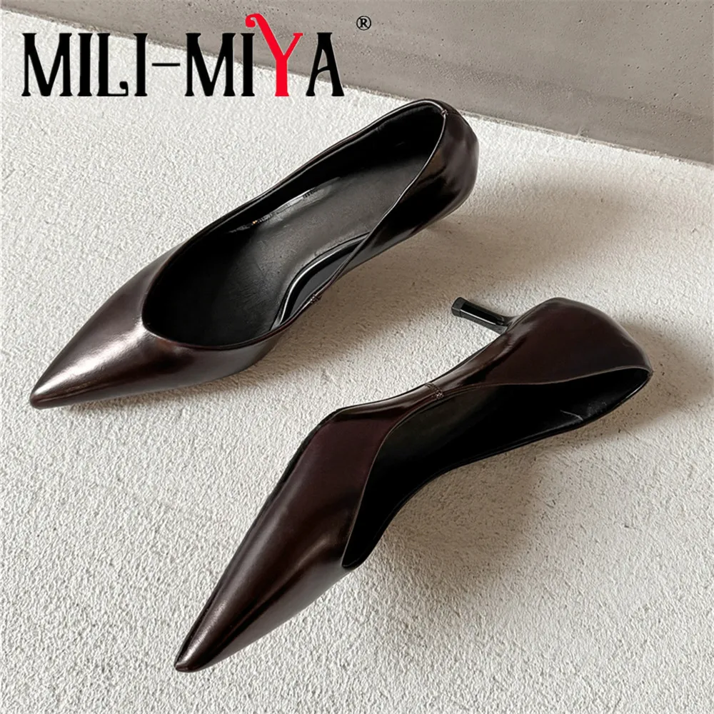 MILI-MIYA Women Full Sheep Skin Pointed Toe Pumps Thin Heels Metal Cover Toe Slip On Solid Color Career&Office Shoes For Ladies