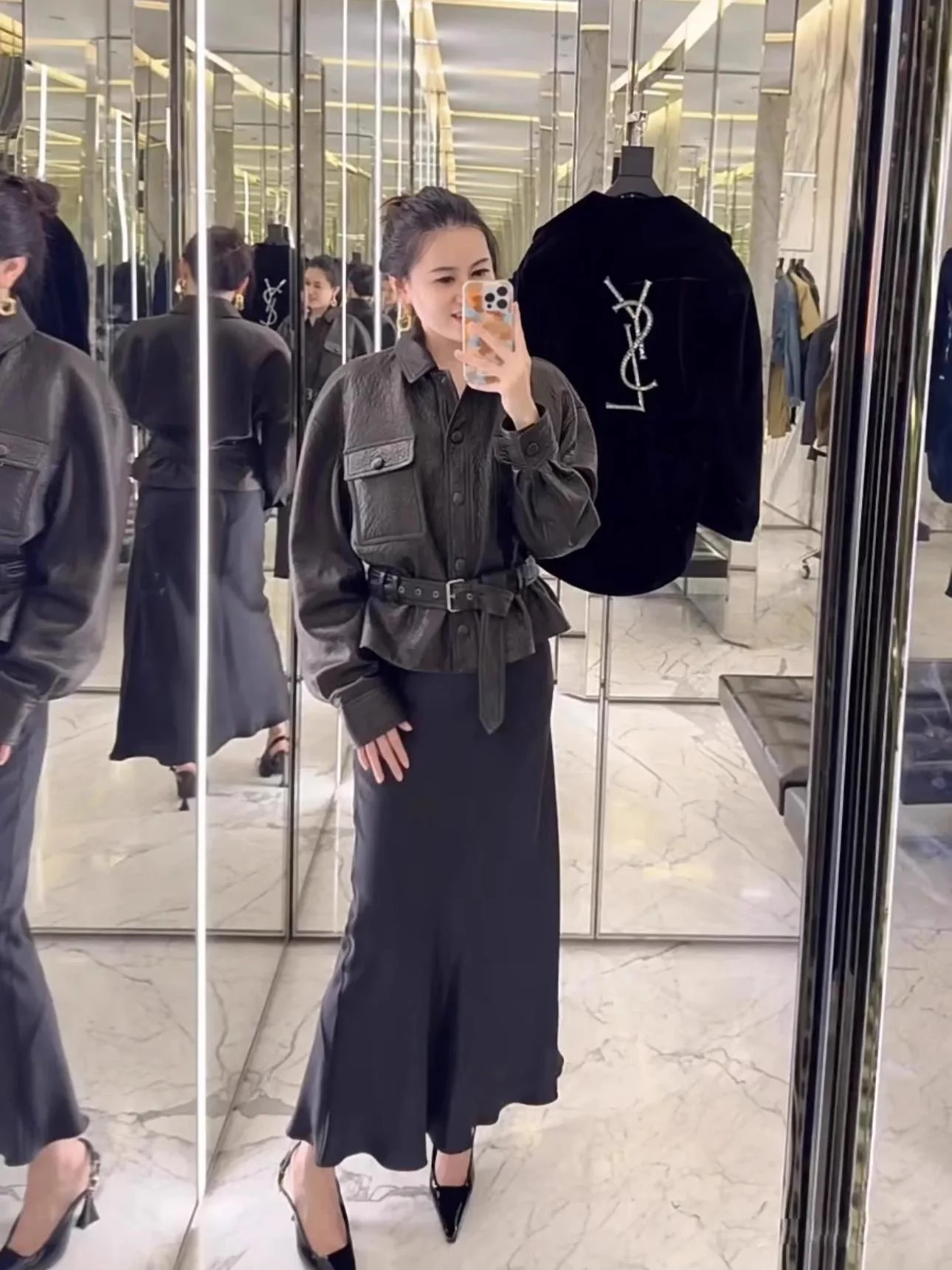 Haining Motorcycle Jaet Women's ort Bla PU Leather Coat Street Sle Loose Fit Long Sve  Collar Button up Coat