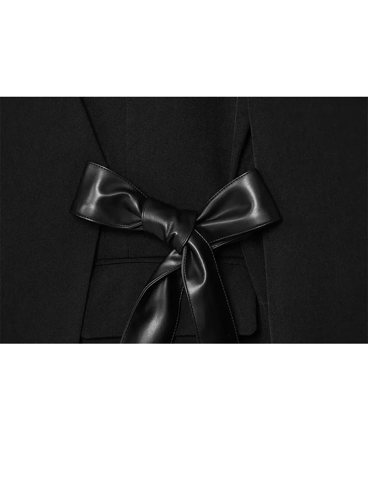 HH امرأة موضة الخريف الخامس طوق الكتفين جيب طويلة الأكمام الشريط القوس الديكور السترة الإناث عادية أنيقة سليم صالح البدلة