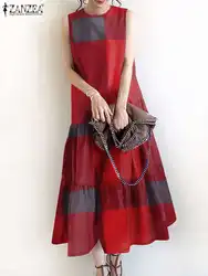 ZANZEA Elegant Women O Neck Sleeveless Midi Dress Summer Sundress Stylish Plaid Checked Vestidos Fashion Work Party Dresses 2024