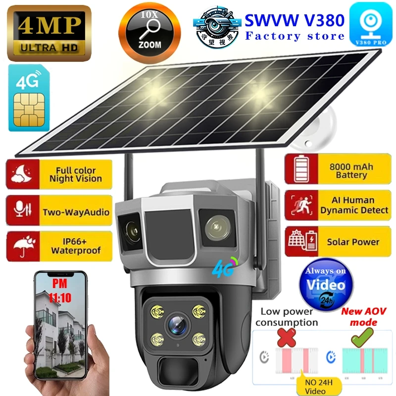 AOV-Câmera De Segurança Solar Ao Ar Livre, 4G Cartão SIM, 4MP, HD, CCTV, Impermeável, Visão Noturna, Detecção Humana PIR, Câmera PTZ com Painel Solar