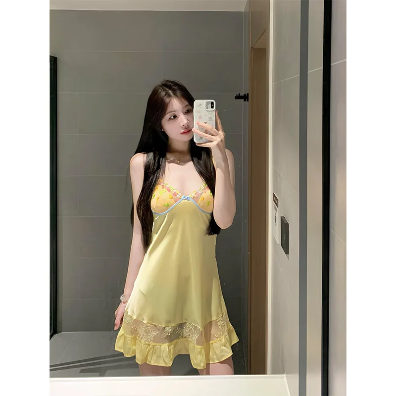 

Fresh Sweet Style Women Embroidery Slip Nightdress Lace Edge Mini Cami Dress Outdoor Available Summer Home Pajamas 2026