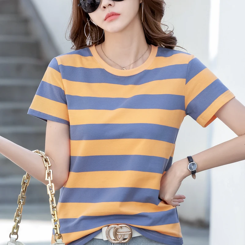 Fashion Summer Casual Short Sleeve O-Neck Women T Shirt Blue White Black Orange Striped T-shirt Women Tops Women Clothing M17