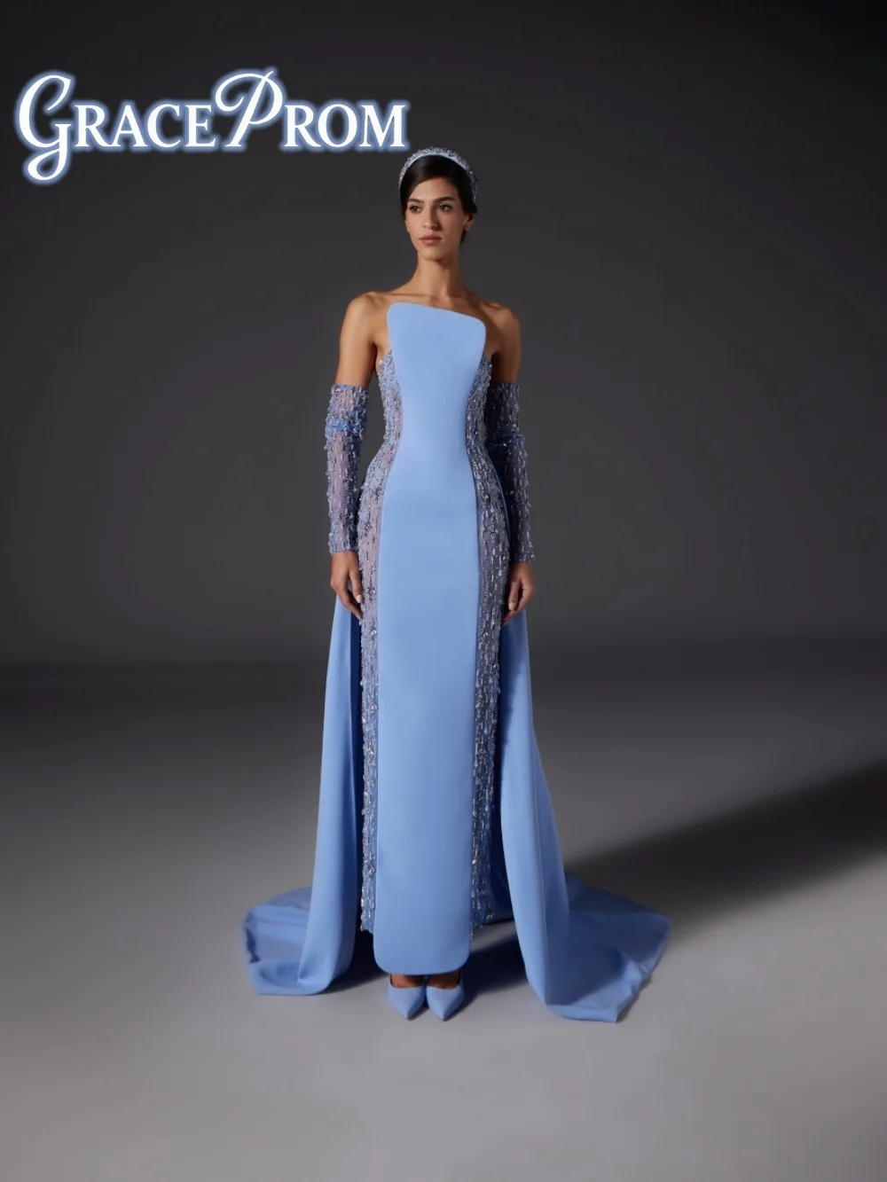 

Романтическое светло-голубое вечернее платье 2026 года, роскошное расшитое бисером платье без рукавов для красной дорожки, элегантное платье А-силуэта в пол для выпускного вечера