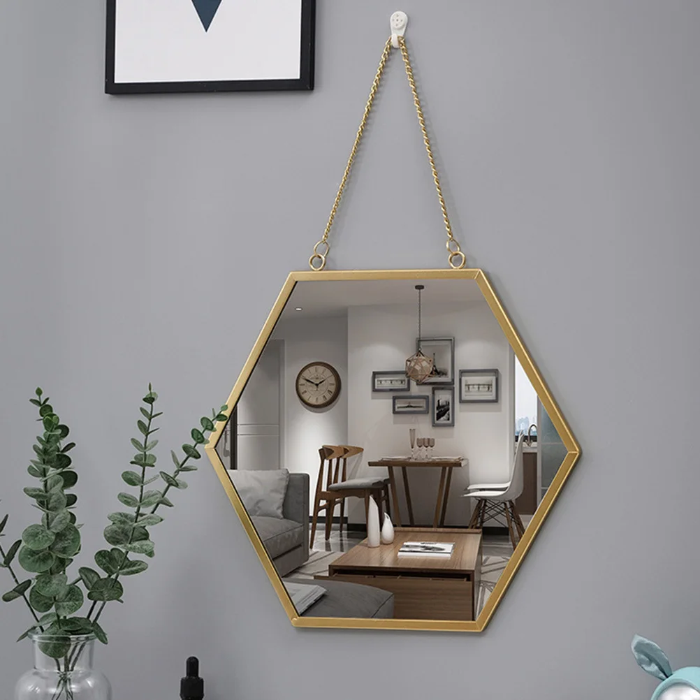Support mural pour maquillage, Installation sans poinçon, cadre métallique, salle de bains, chambre à coucher, miroir en verre, décoration murale hexagonale suspendue