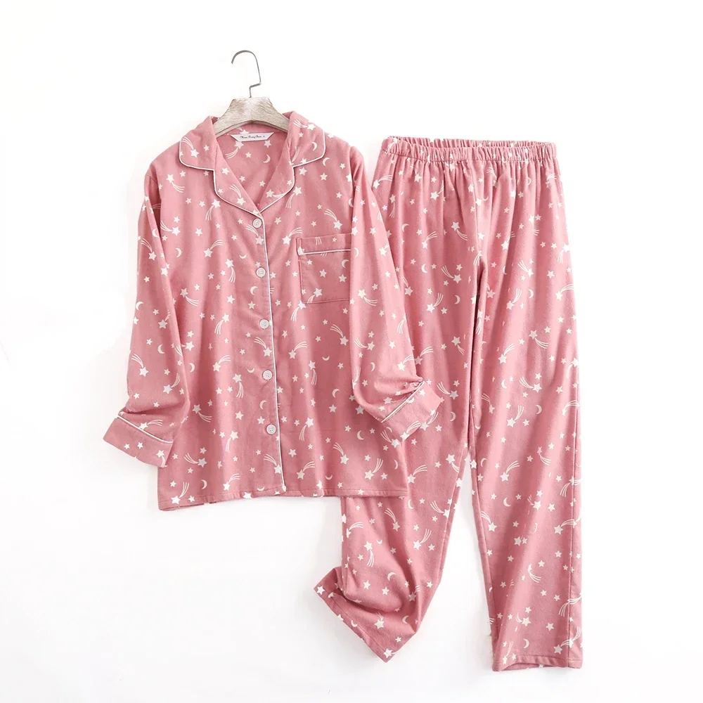 Cotton Flannel Trouser Pajamas Suit for Home Wear Simple Printed Loose Autumn and Winter Long Sleeve Pant Pyjamas Women Sets