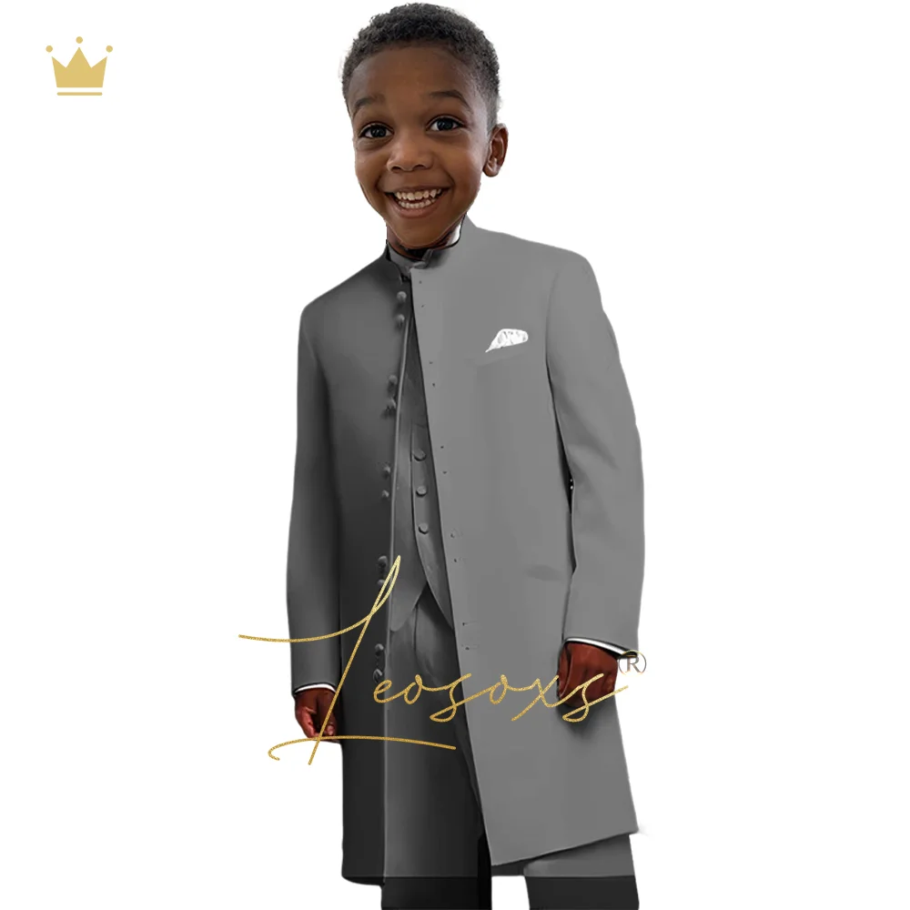 Boys ivory long coat set 3 pieces, children's customized fashion street African style casual wear (coat + vest + trousers)