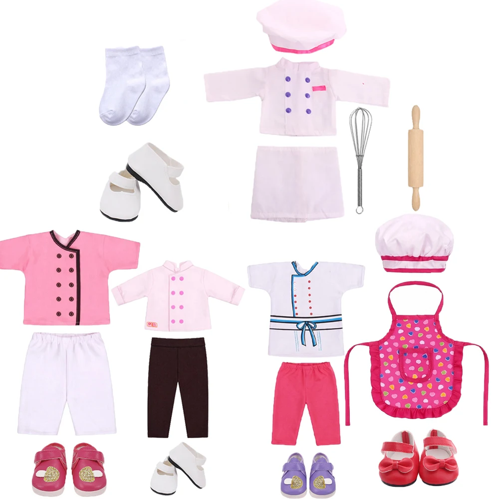 Play‑chef Themed Doll Outfit Set Fit for 18 Inch American Doll & 43 cm Baby Doll, Chef Uniform Hat Kitchen Accessories Girls Gif