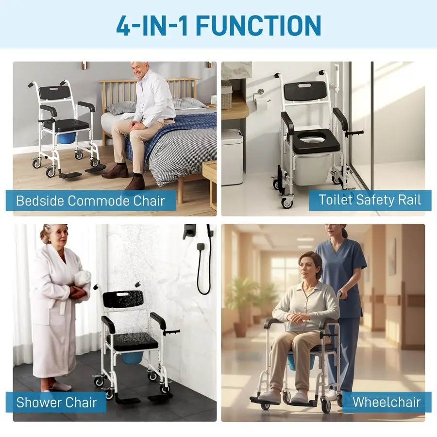 Shower Chair with Wheels 4 in 1, Bedside Commode Wheelchair with Seat, Backrest, Arms, Shower Commode Chair for Seniors, Adults,