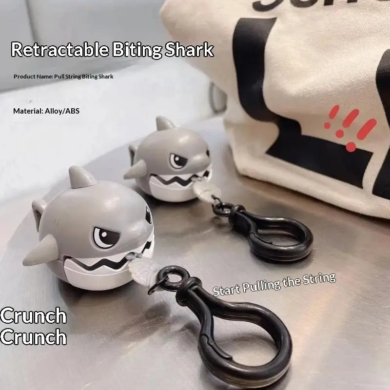 Interactive Pull String Biting Shark Keychain Cute Stress Relief Fidget Toy Pendant for Kids Play Bag Accessory