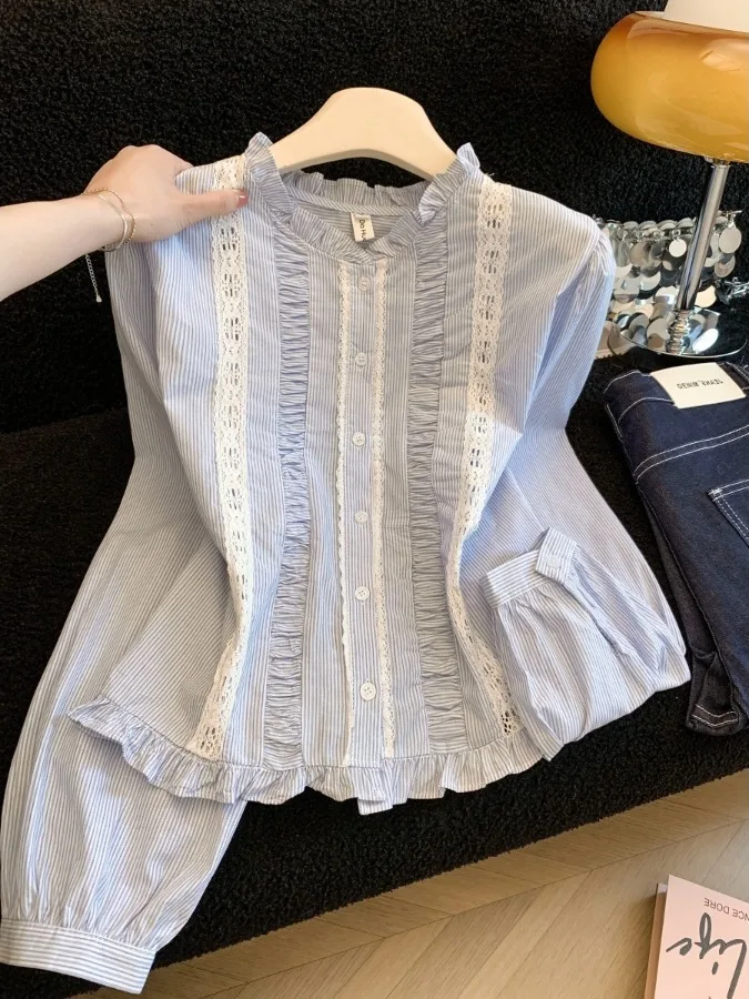

Blue Long Sleeve Shirt Spring Fashion Design Sense Age Reduction Elegant Floral Collar Striped Korean Style Commute Cotton Shirt