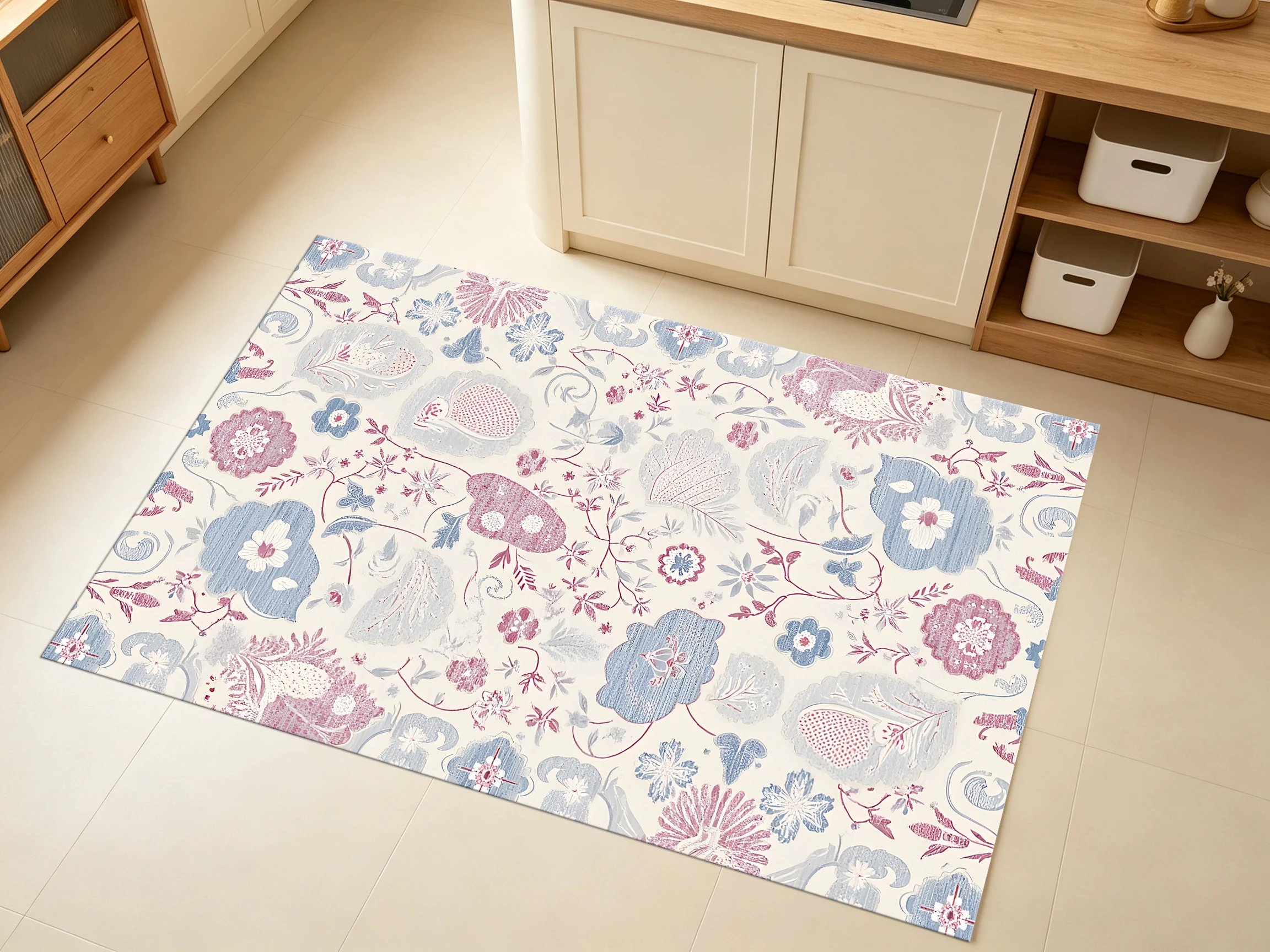 2D Large Rug in Pastel Blue & Pink, Vintage Floral Style, for Living Room & Bedroom, Enhancing the Space with High-Quality Finish