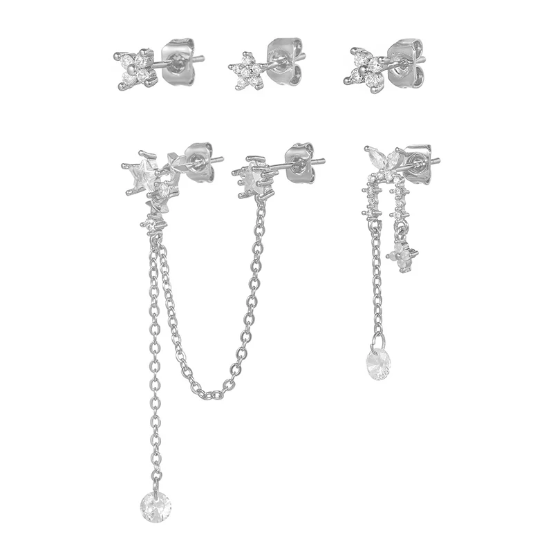 5 قطعة فاخرة مطلية بالذهب ستار سلسلة استرخى أقراط للنساء تشيكوسلوفاكيا زركونيا ثقب وأقراط امرأة مجوهرات الأزياء بالجملة