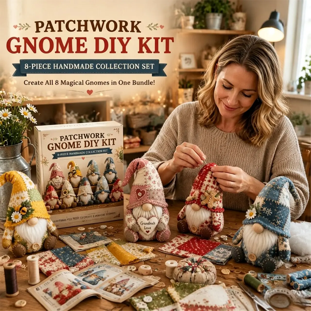 Christmas Patchwork Gnome DIY Sewing Kit, Pre-Cut Fabric Craft Set For Starters, Vintage Home Ornament Thoughtful Handmade Gift