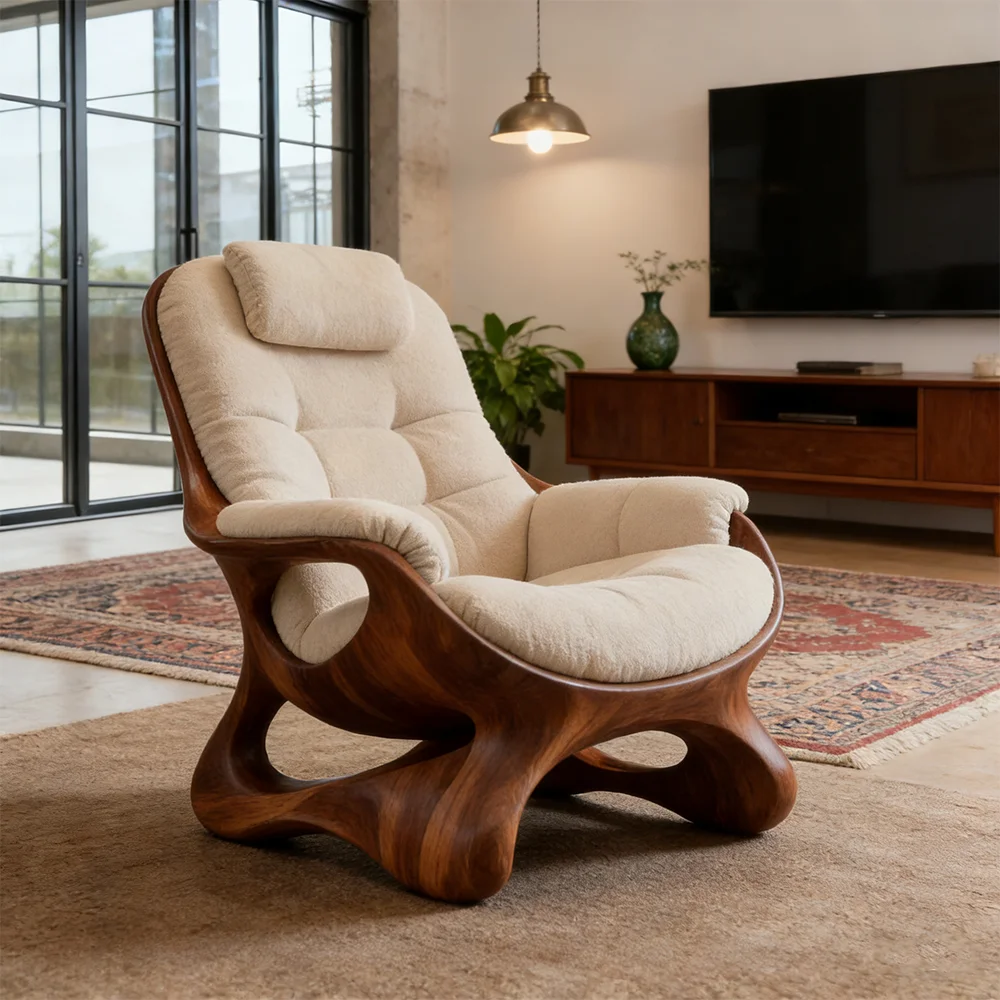 *& Modern Lounge Chair Armchair Solid Walnut Wood Organic Shaped Leisure Single Sofa Seating Premium Designer Furniture