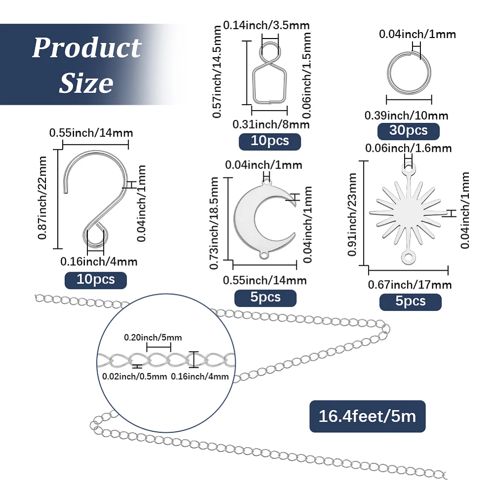 1 Box 10 Sets DIY Suncatcher Kits 5M/196.8In Silver Suncatcher Chains and Hooks Sun Moon Charms Ball Suspension Chain Kits