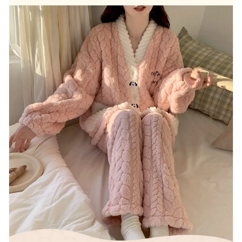 Panda pajama Lady Winter coral velvet thickened flannel Autumn /Winter student Korean cute warm home wear set pajamas for women