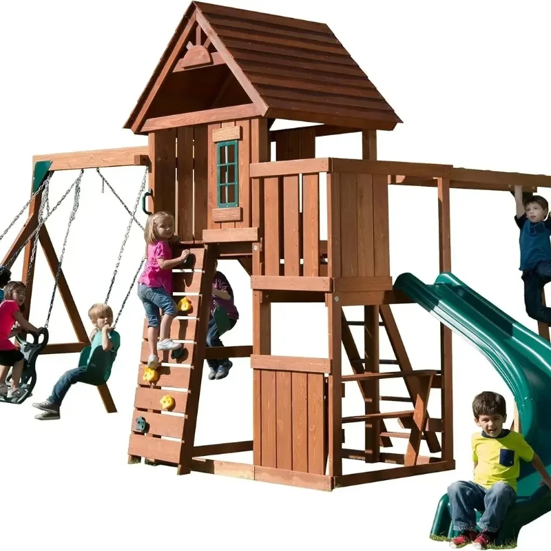 Swing Set Play Set with Two Swings, Slide, Monkey Bars, Picnic Table & Glider, Green