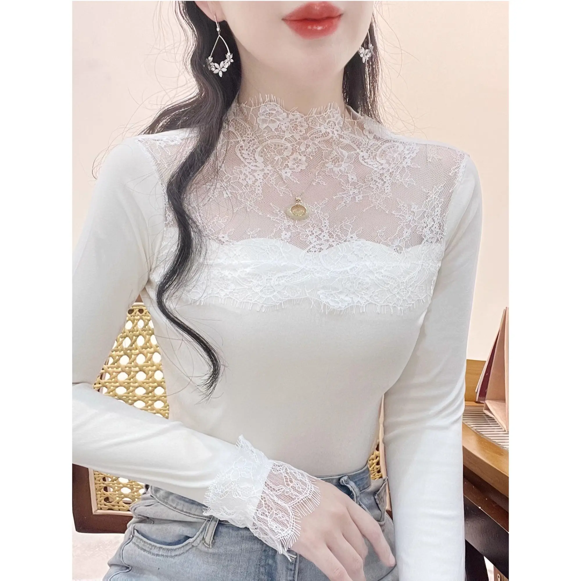 Women's Thermal Cashmere Base Shirt 2025 New Style Super Soft Half High Collar Lace Splice Slim Fit Inner Wear Winter Top