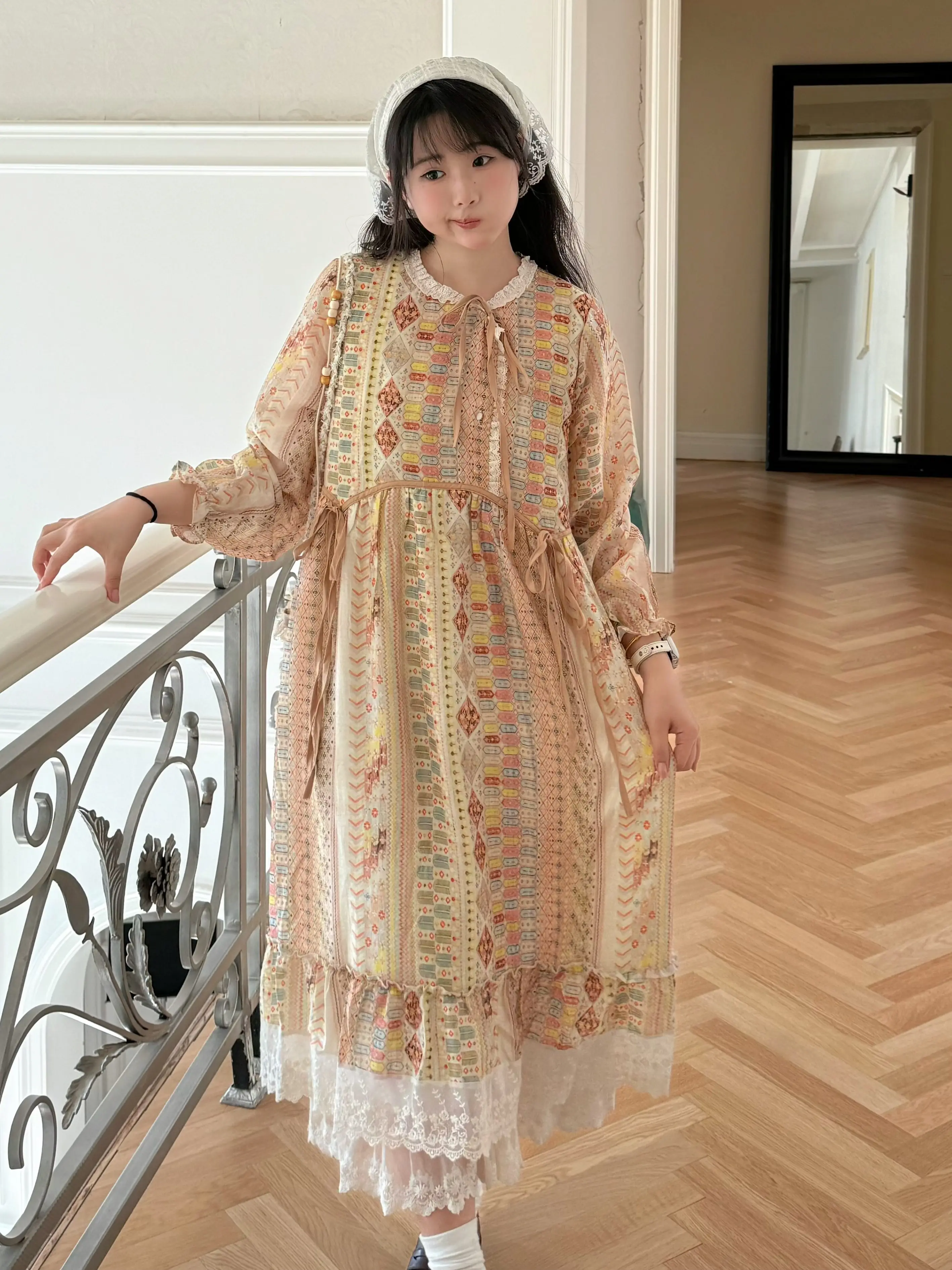 

TIYIHAILEY Lace Patchwork Dress Spring Autumn Long Mid-calf Dress Japan Style Loose Printed A-line 2026 New Fashion