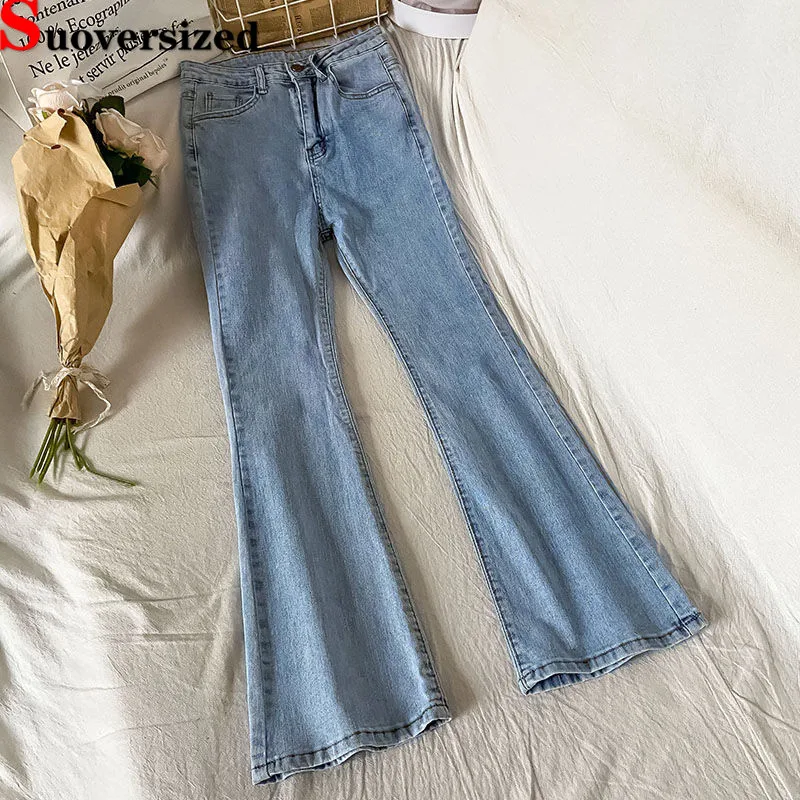 

Women Skinny High Waist Flare Jeans Korean Vintage Stretch Slim Denim Pants Spring Fall Streetwear Kot Pantolon Solid Vaqueros