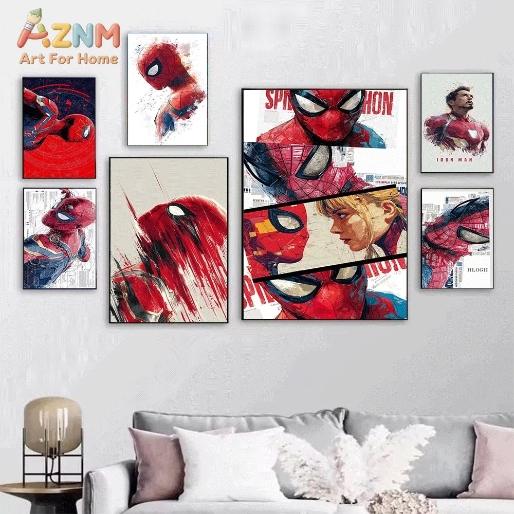 Marvel Superhero Captain America Spider‑Man Iron Man Canvas Wall Poster,Watercolor Comic Style Art Print,Unframed Canvas Paint